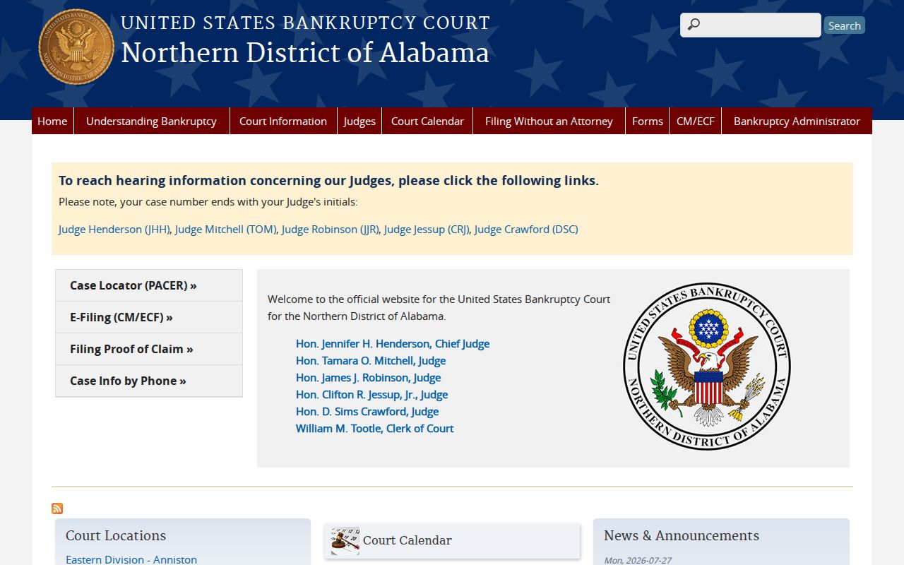 U.S. Bankruptcy Court for the Northern District of Alabama website