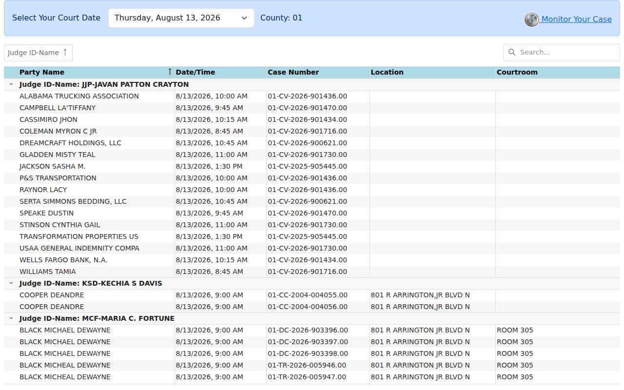 Jefferson County court calendar DocketList application