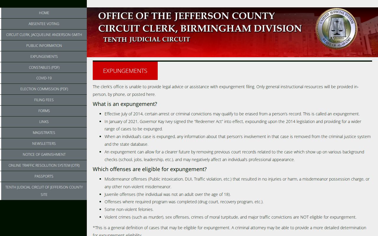 Jefferson County criminal court docket expungement procedure