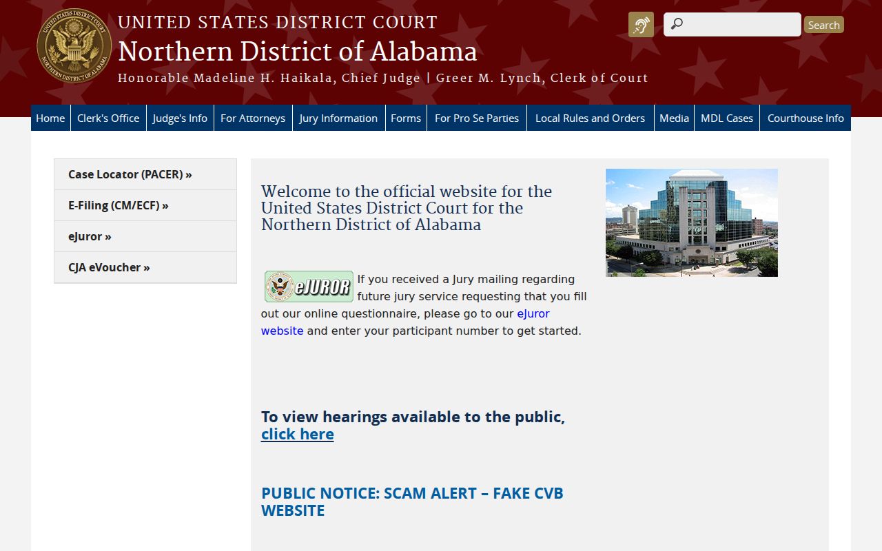 Jefferson County federal court docket route in Northern Alabama